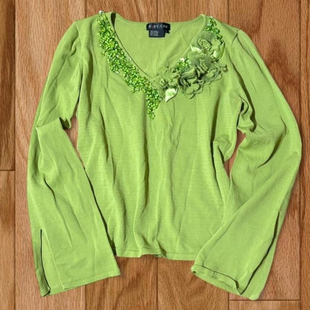 Vintage forest fairy split bell sleeve beaded flower applique green top fitted L